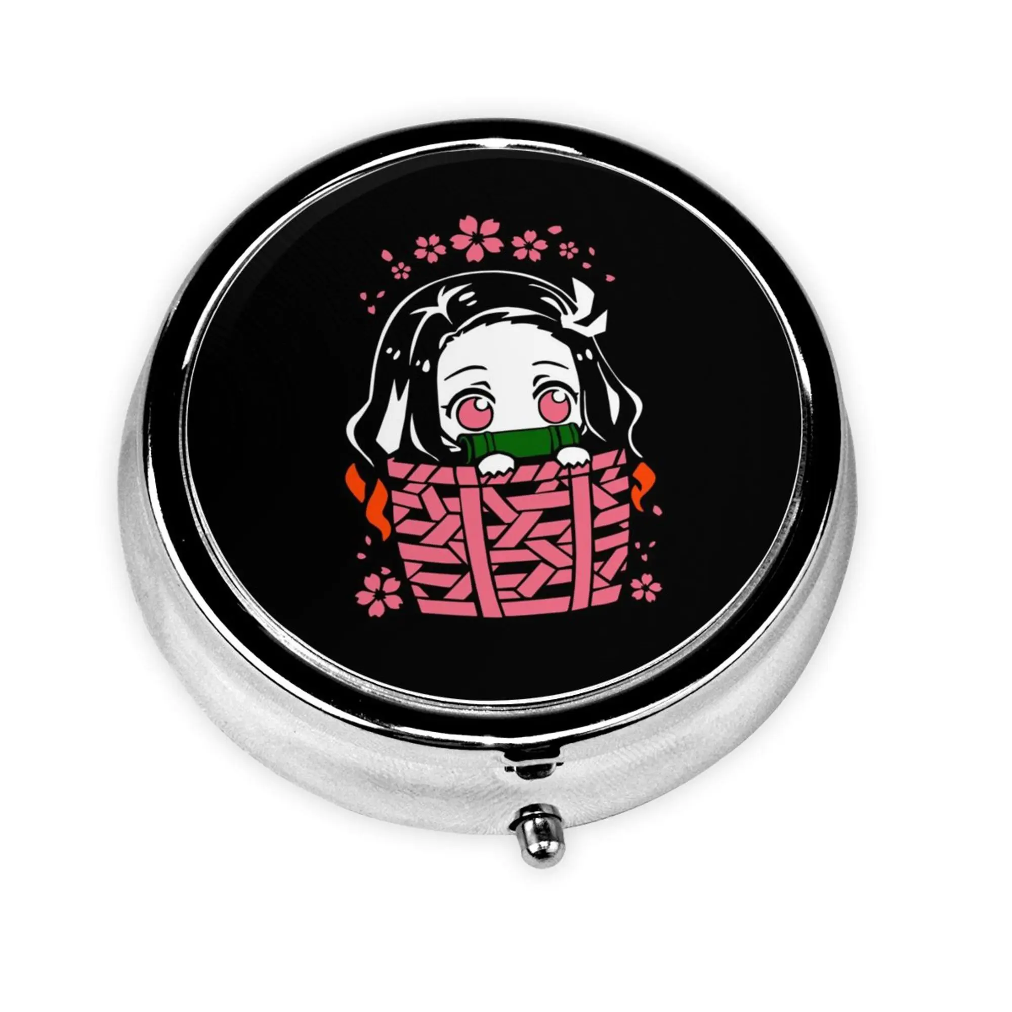 Anime Nezuko Small Round Pill Case Pill Box Mini Medicine Case Vitamin Pill Organizer for Pocket and Purse