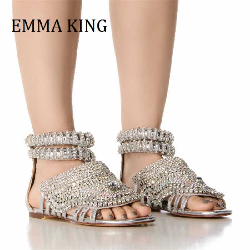 Summer Women Silver Diamond Flat Sandals Ladies Metallic Leather Rhinestone Gladiator Sandals Comfort Bling Party Dress Shoes 46