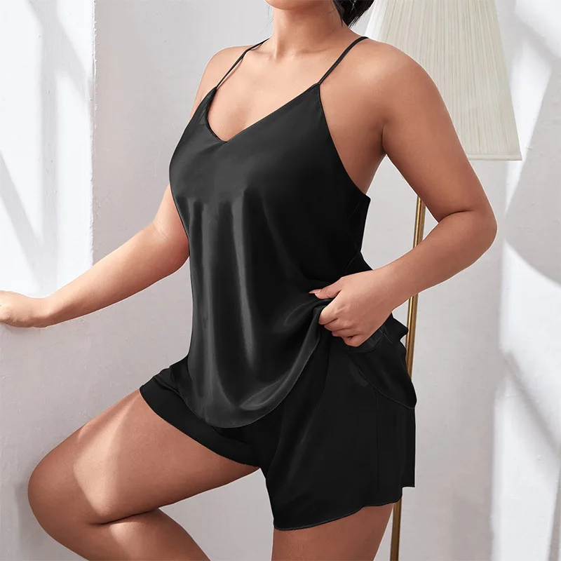 Women's Sleep Pajama Sets Plus Size Sexy Backless Camisole V-Neck Pajamas Summer Satin Sleep Bottoms Thin Sleeveless Sleepwear