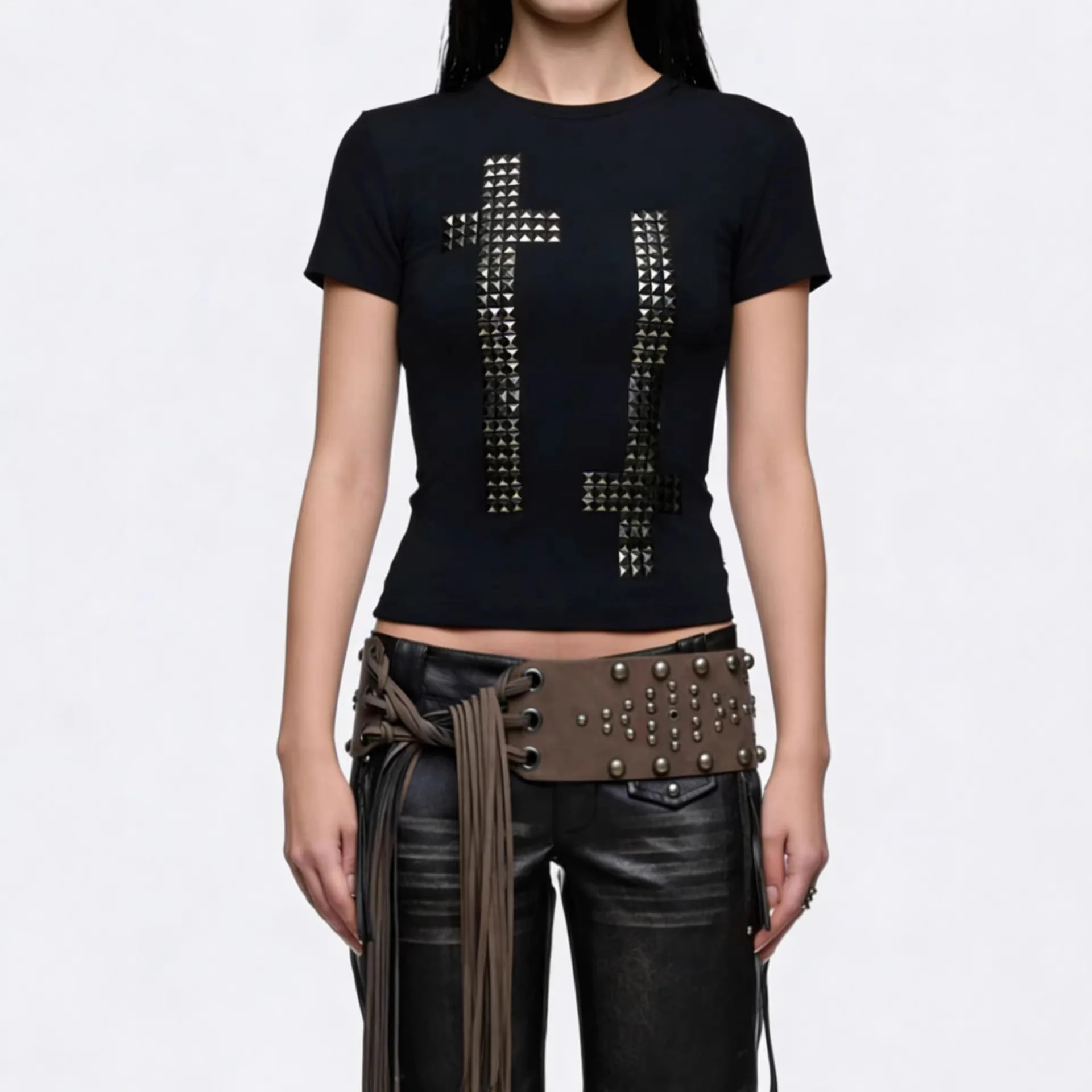 Y2k Spring Summer Casual Cross Rivet print Black Harajuku vintage Style Slim fit Basic Versatile Round Neck Short Sleeve T-shirt