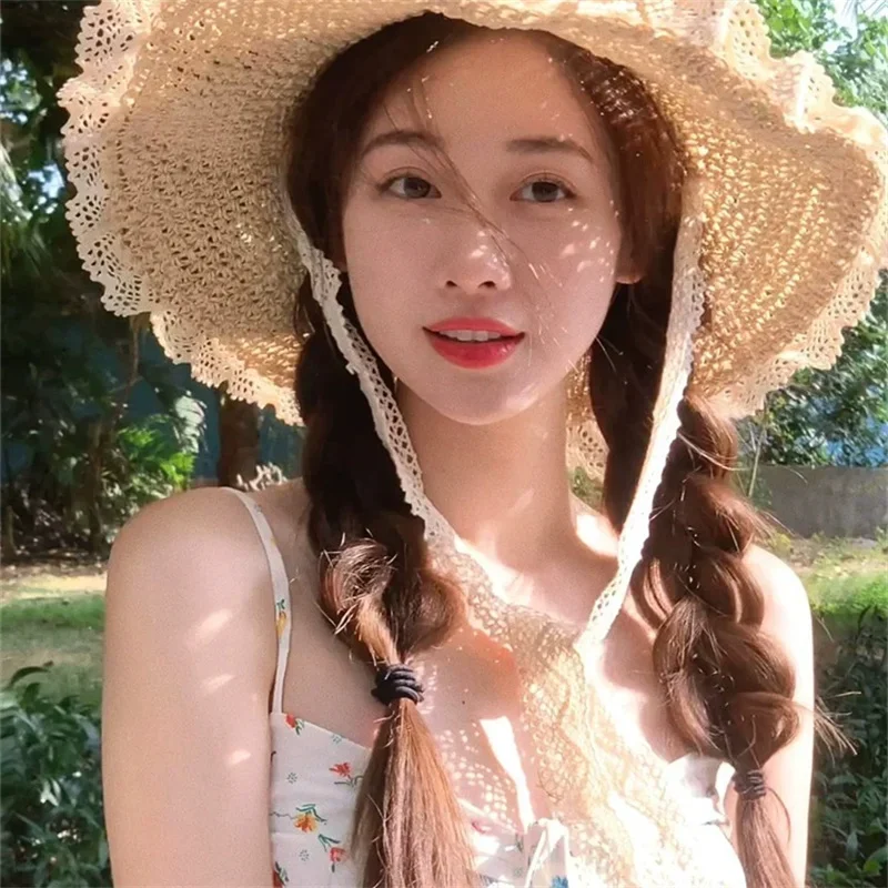 

2023 New Straw Hat with Windproof Straps Summer Outing Sun Protection Hat Beach Hat Fashion Cute Elegant Women's Sun Hat