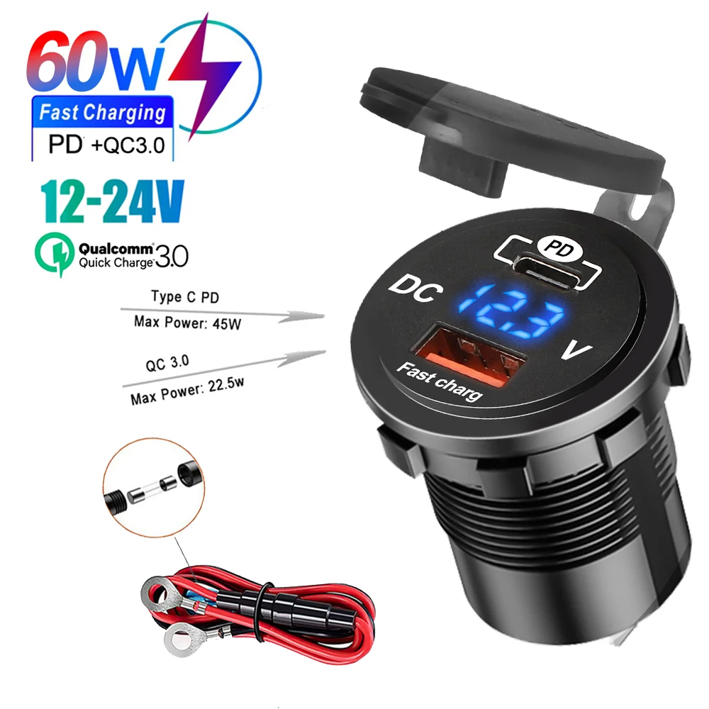 60W PD QC3.0 Gniazdo ładowarki samochodowej z miernikiem napięcia Gniazdo szybkiego ładowania 3.0 Gniazdo zasilania dla motocykli 12V/24V Ciężarówka Łódź