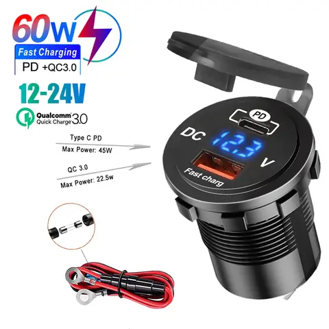 60W PD QC3.0 Car Charger Socket with Voltage Meter Quick Charge 3.0 Socket Power Outlet for 12V/24V Motorcycle Truck Boat