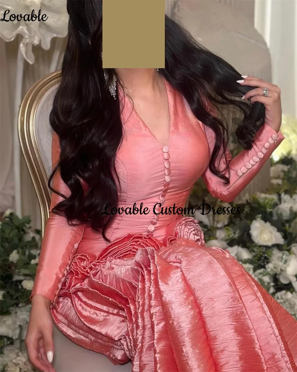 Vestido de fiesta personalizado con volantes y flores hasta el suelo, corte en A, con cuello en V, mangas largas, forro con cremallera