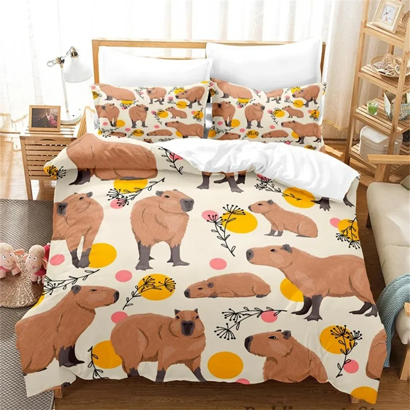 Kawaii Capybaras Bedding Set Single Twin Full Queen King Size Bed Set Aldult Kid Bedroom Duvetcover Sets 3D Bed Cover Set