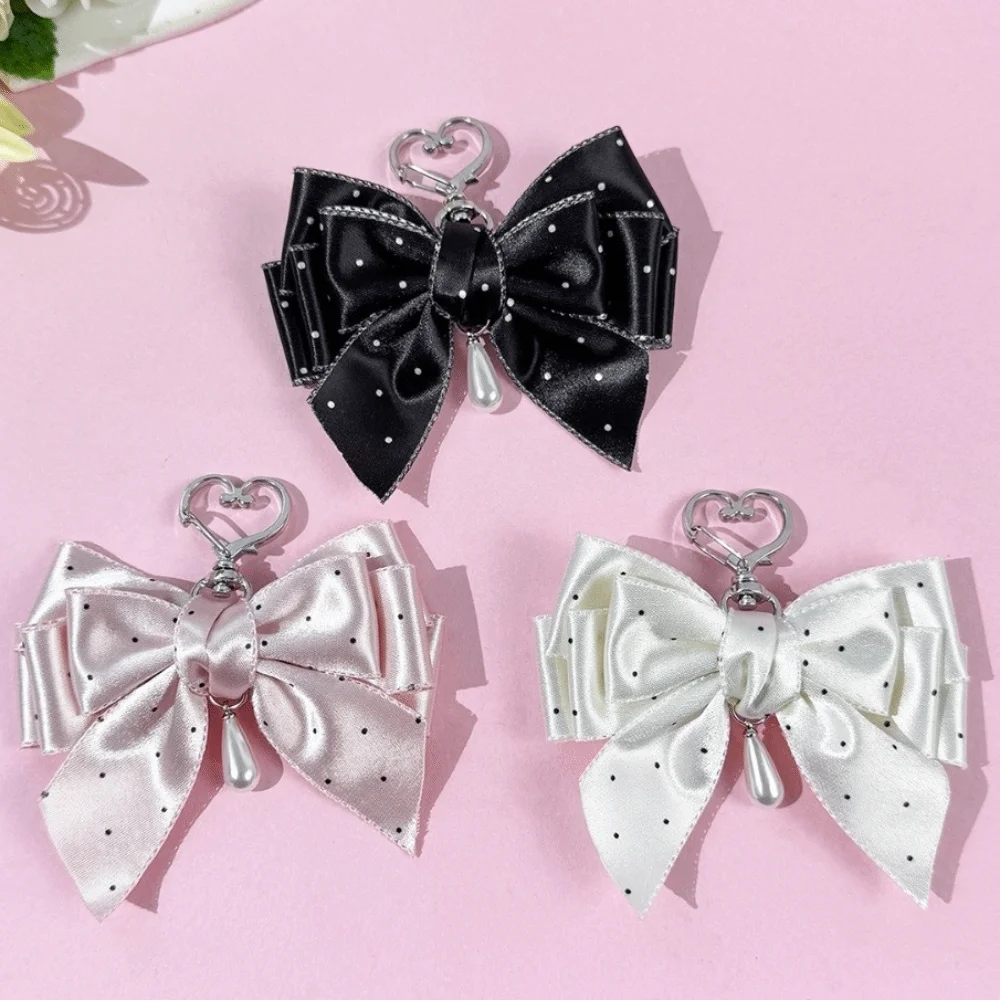 Polka Dot Pattern Polka Dot Bow Keychain Satin Finish Sweet Lolita Style Bow Bag Charm Pearl-Style Charm Pearl Charm Keychain