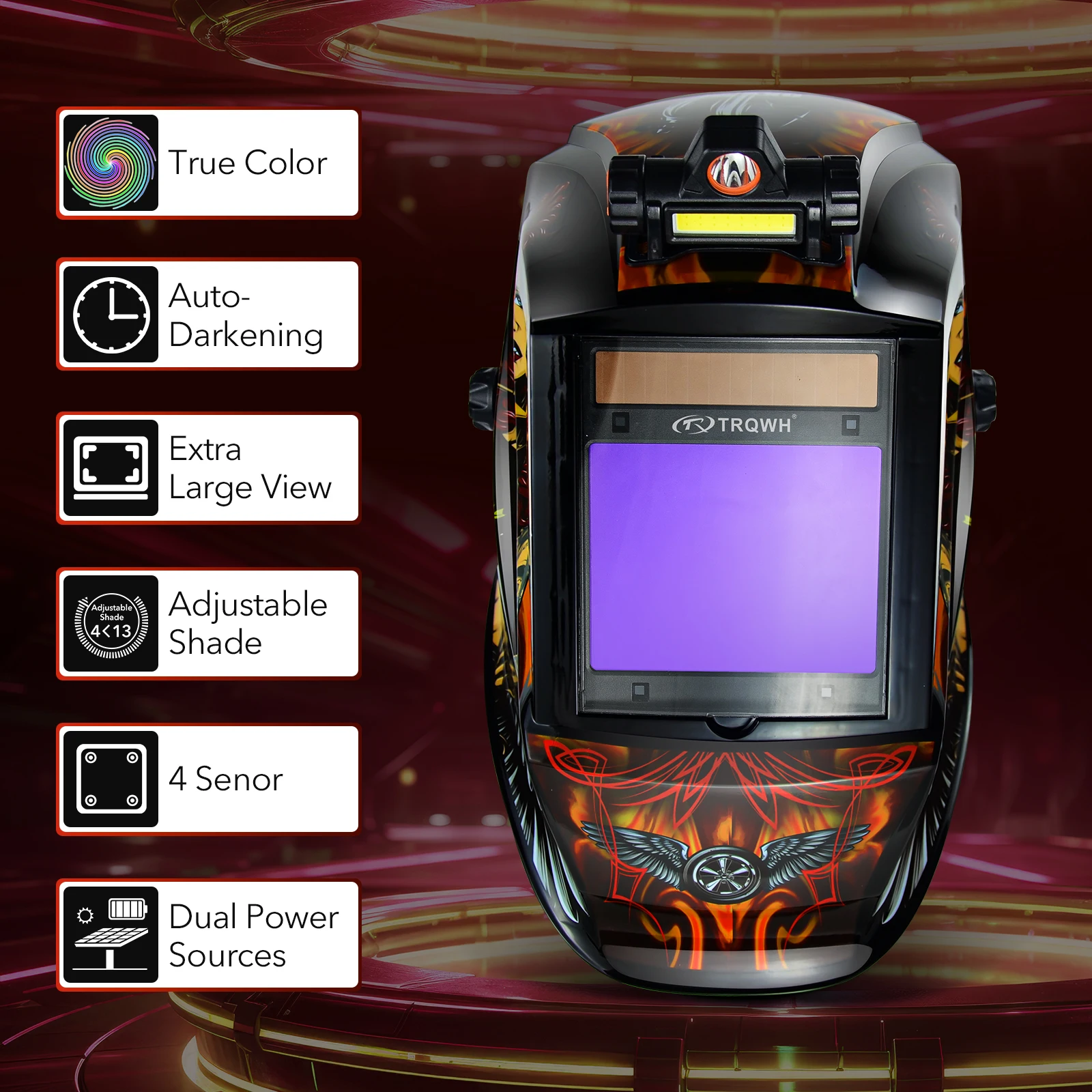 Welding Helmet Auto Darkening with LED Light Large View Solar Powered True Color Welding Hood 4 Arc Sensor Wide Shade 4/5-9/9-13