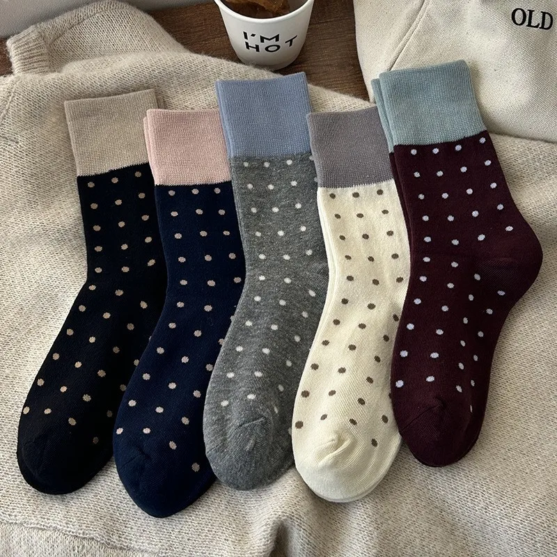 

1/5 pair of women's pure cotton spring autumn retro color blocked mid tube socks sweat absorbing odor proof casual socks