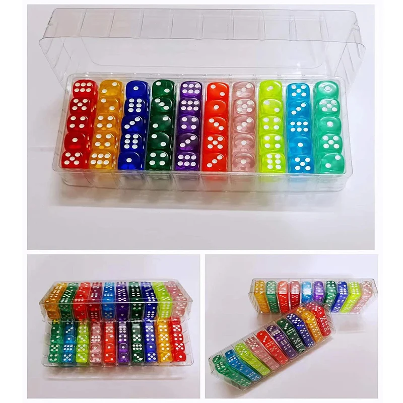 

100pcs/Set 6 Sided Dice 14mm D6 Clear Color Crystal Acrylic Round Edge Boxed Dice For Tabletop Gaming Party DND Ten Per Color