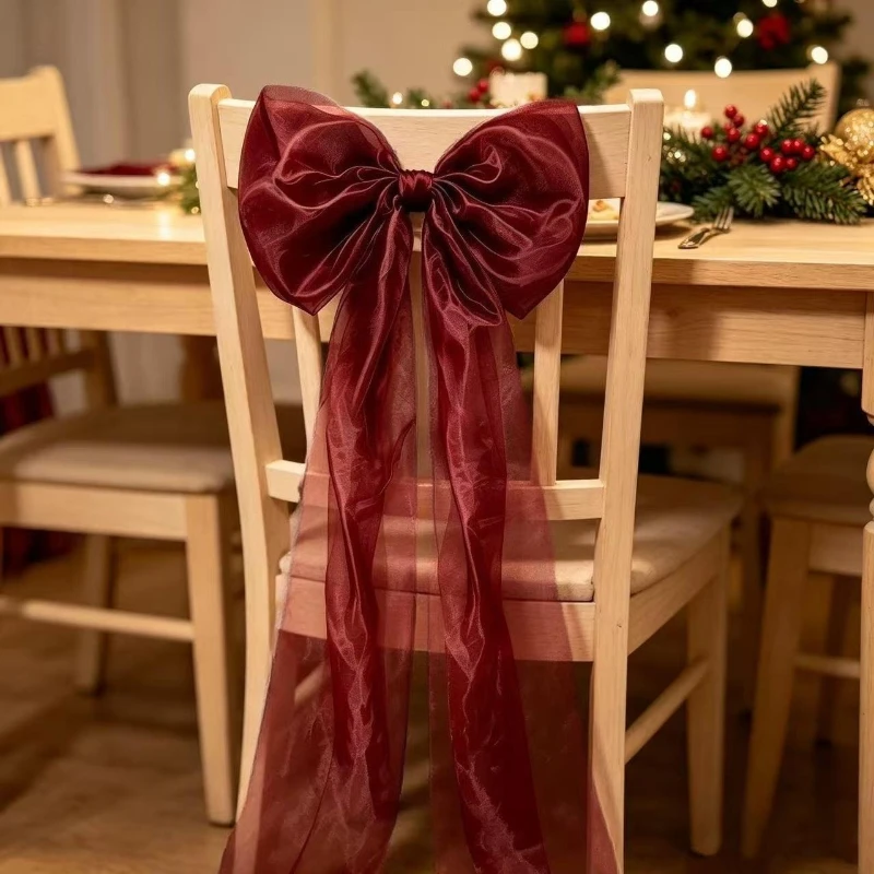 Set 59in Burgundy Organza Chair Sash Bow, Sheer Tulle Chair Back Knot for Christmas Wedding Banquet Party Dining Chair Decor