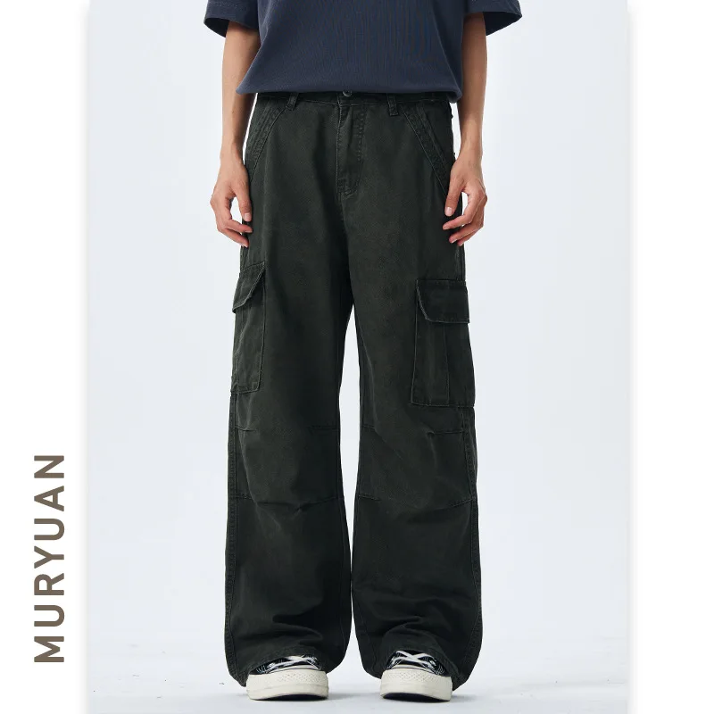 

Винтажные модные мужские однотонные потертые брюки с несколькими карманами, повседневные модные простые базовые широкие прямые брюки-карго, мужские брюки
