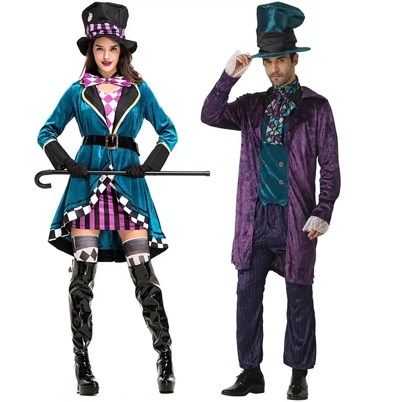 Halloween Couple Alice In Wonderland Clock Mad Hatter Cosplay Costume Adult Fairy Tale Dress Women Magic Show Tuxedo Fancy Dress