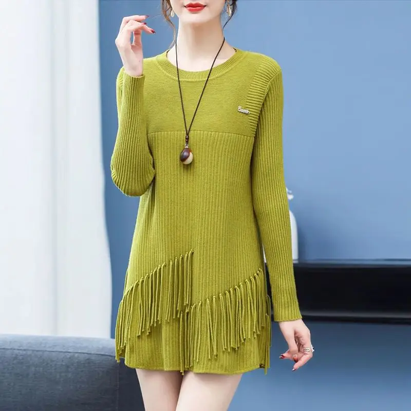 Casual Loose Fashion Tassel Sweaters Autumn Winter Basic Round Neck Women\'s Clothing Asymmetrical Long Sleeve Knitted Jumpers