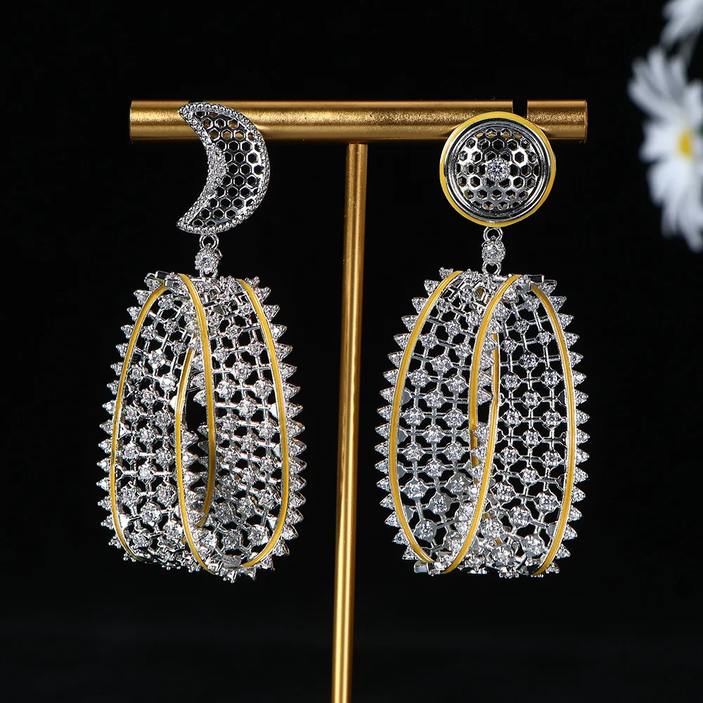 

elegant shiny earrings silver gold color wedding bride dinner party long pendant zirconia luxury jewelry