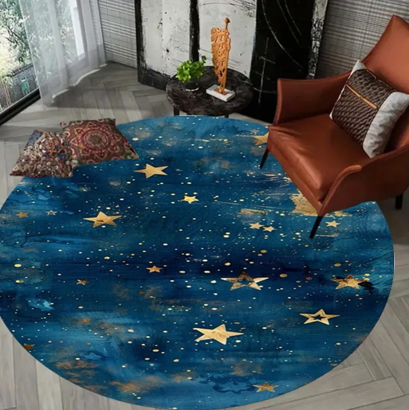 

Cartoon Style Print Round Rug,Simple Night Sky Stars Washable Circular Carpet Non Slip Circle Area Rug Carpet Bedroom Decoration