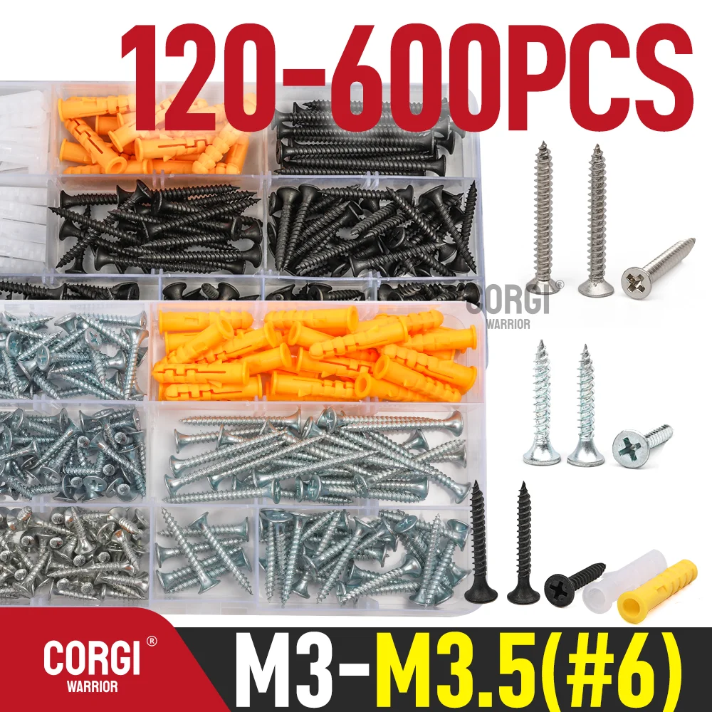 120-600 #6 Wood Screws Assortment Kit M3 M3.5 Phillips Tips Flat Head Self-Tapping Screw Set Black White Galvanized Carbon Steel