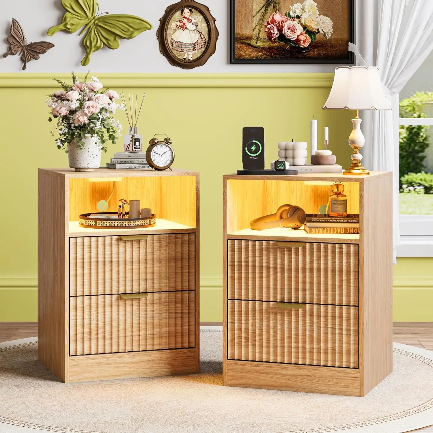 Night Stand Set 2, LED Nightstand with Charging Station, Fluted Nightstands Set of 2 with 2 Drawers, Wood Side, Customized