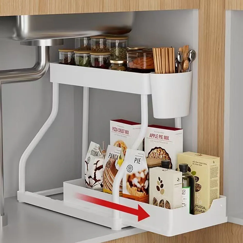 

1-2 PCS 2-Tier Slide-Out Storage Box, Space Saving Organizer with Large Capacity for Kitchen & Bathroom Drawer Organization