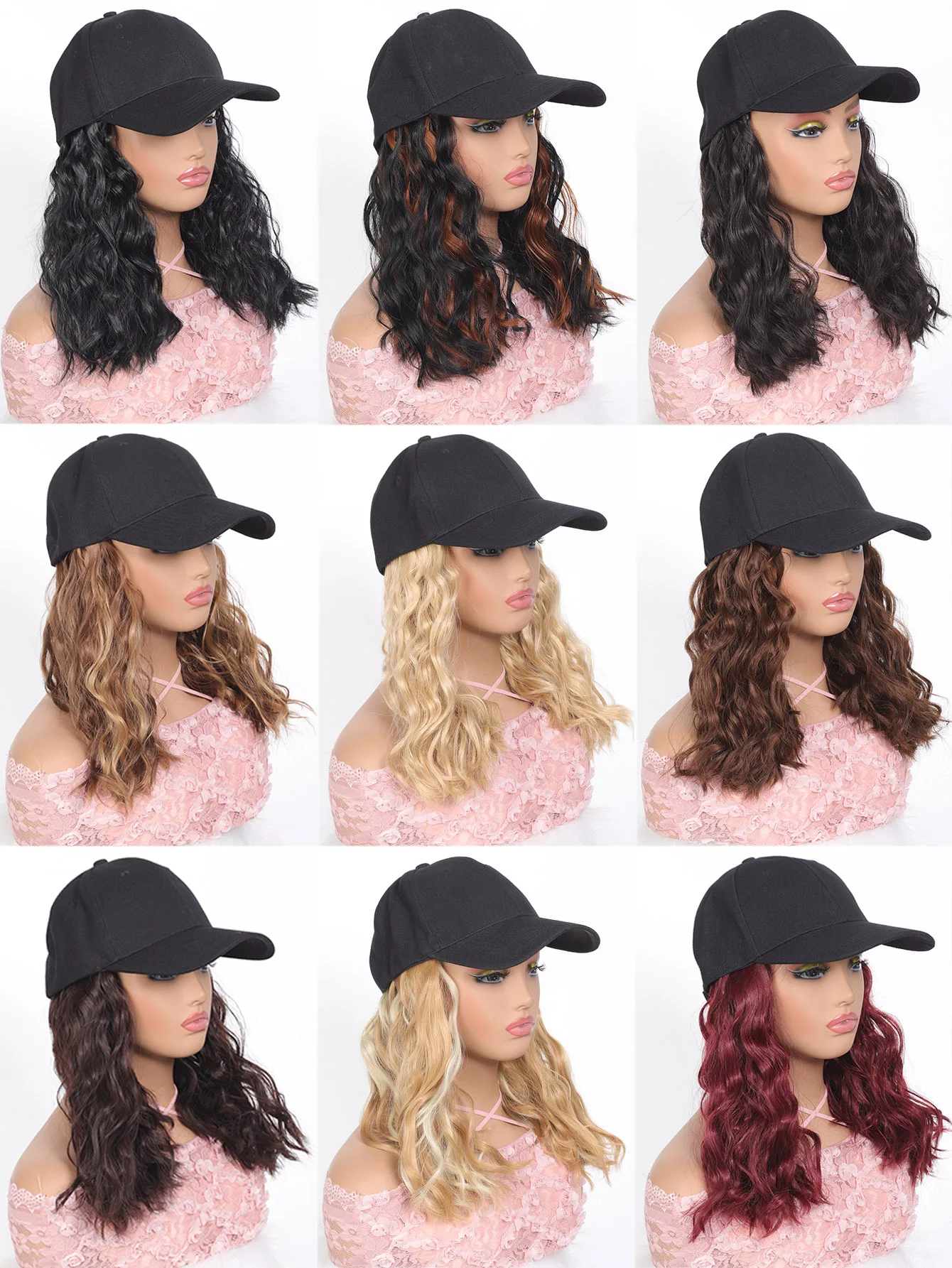 Black Brown Red Blonde Long Synthetic Fluffy Natural Curly Hair Wigs with Hat Baseball Cap Naturally Connect Adjustable Hat Wig