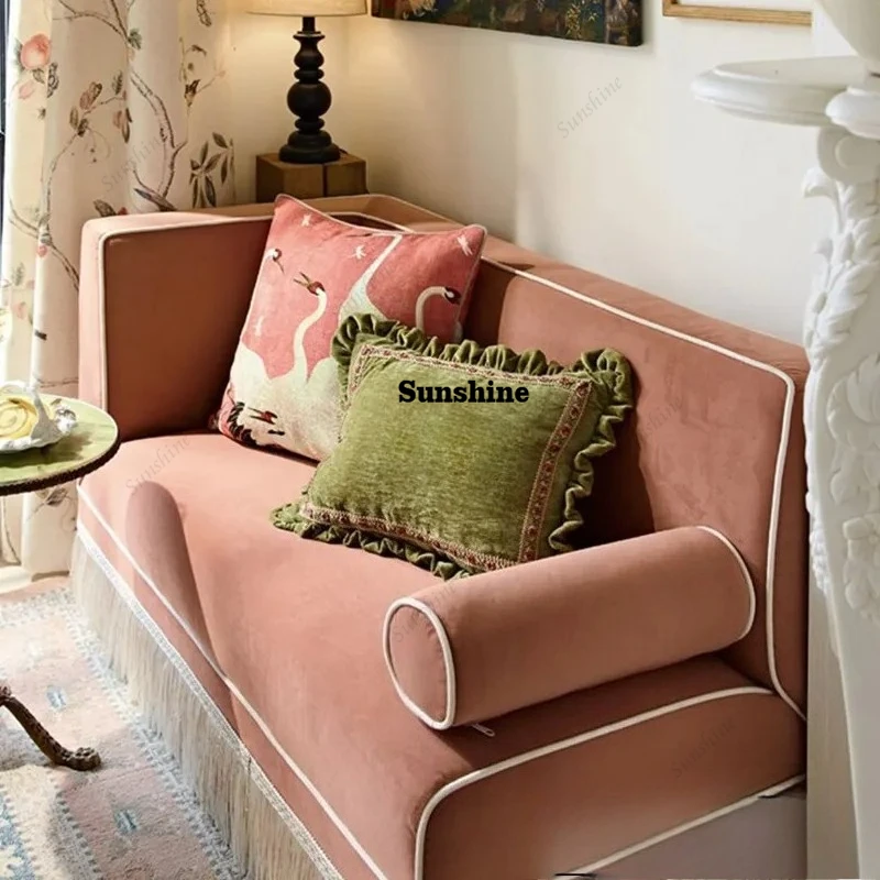Sofá concubina con flecos de terciopelo rosa de estilo retro francés, sofá pequeño de ocio para dormitorio en familia