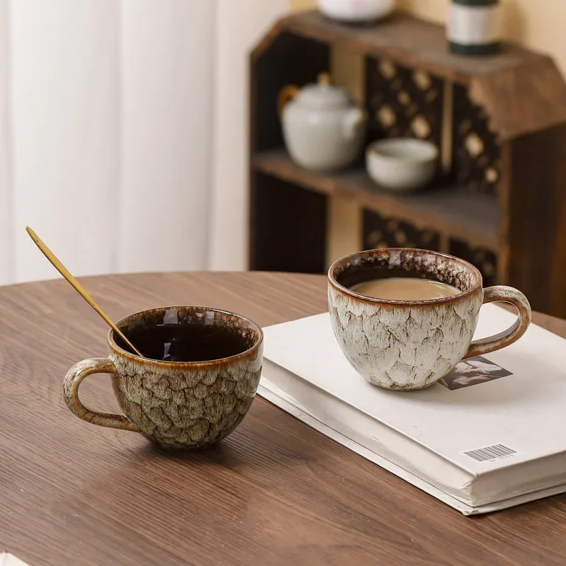 240ml Round Ceramic Kiln-changed Teacups Household Mug Office Coffee Breakfast Cups Dining Table Ceramic Retro Drinking Utensils