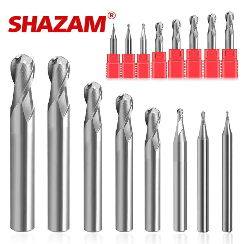 SHAZAM R0.5-R6.0mm 11-Piece-Set Tungsten Steel Ball Nose Milling Cutter HRC55 2-Flute For Aluminum CNC Machining Endmills Tools