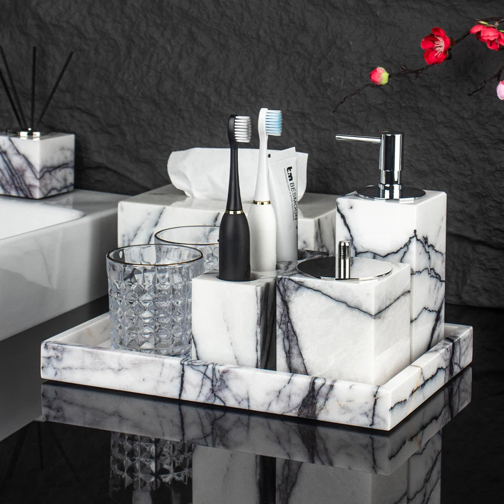 Black and White Marble Emulsion Bottle Tissue Box Toothbrush Holder Cup Tray Bathroom Hand Sanitizer Bottle Bathroom Supplies