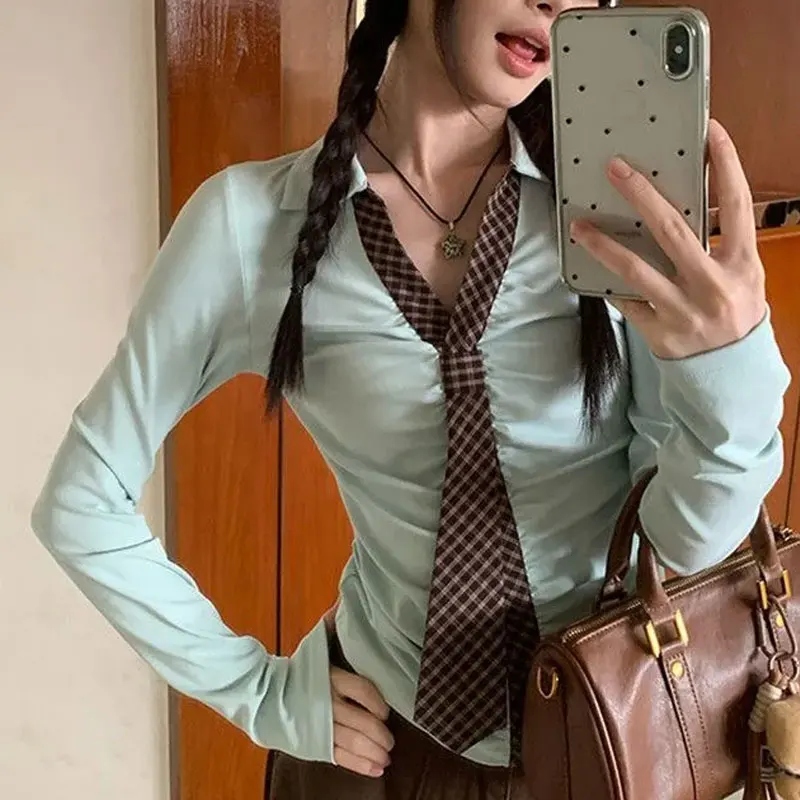 

American Retro Plaid Patchwork Pullovers Autumn New Lapel Fashion Bandage Female Clothing Contrasting Colors Slim Folds T-shirts