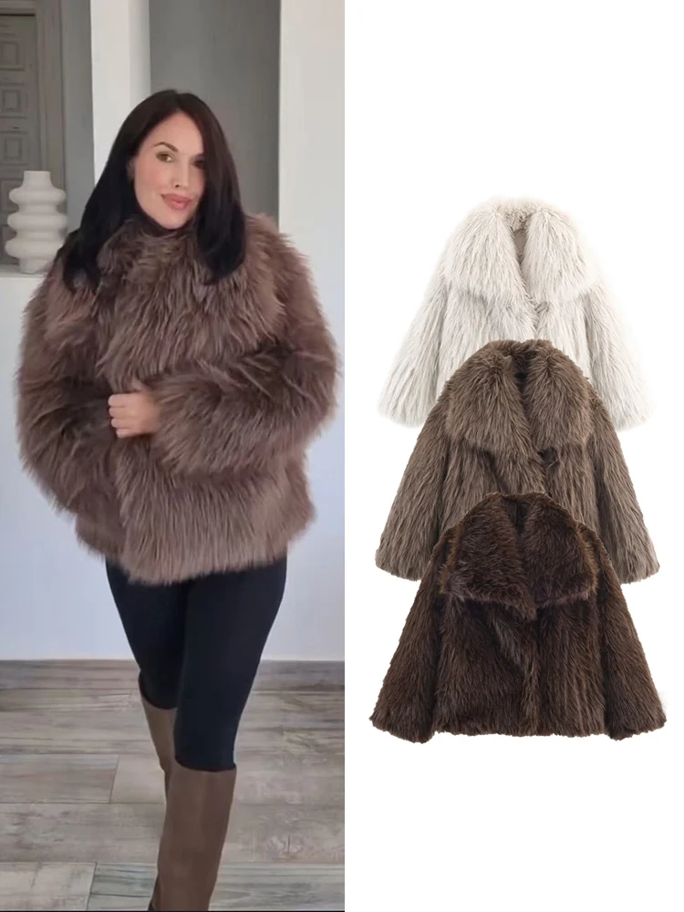 

2025 Winter Women Casual Faux Fur Jackets Fashion Outerwear Elegant Solid Oversized Turn Down Collar Warm Thick Fur Coats