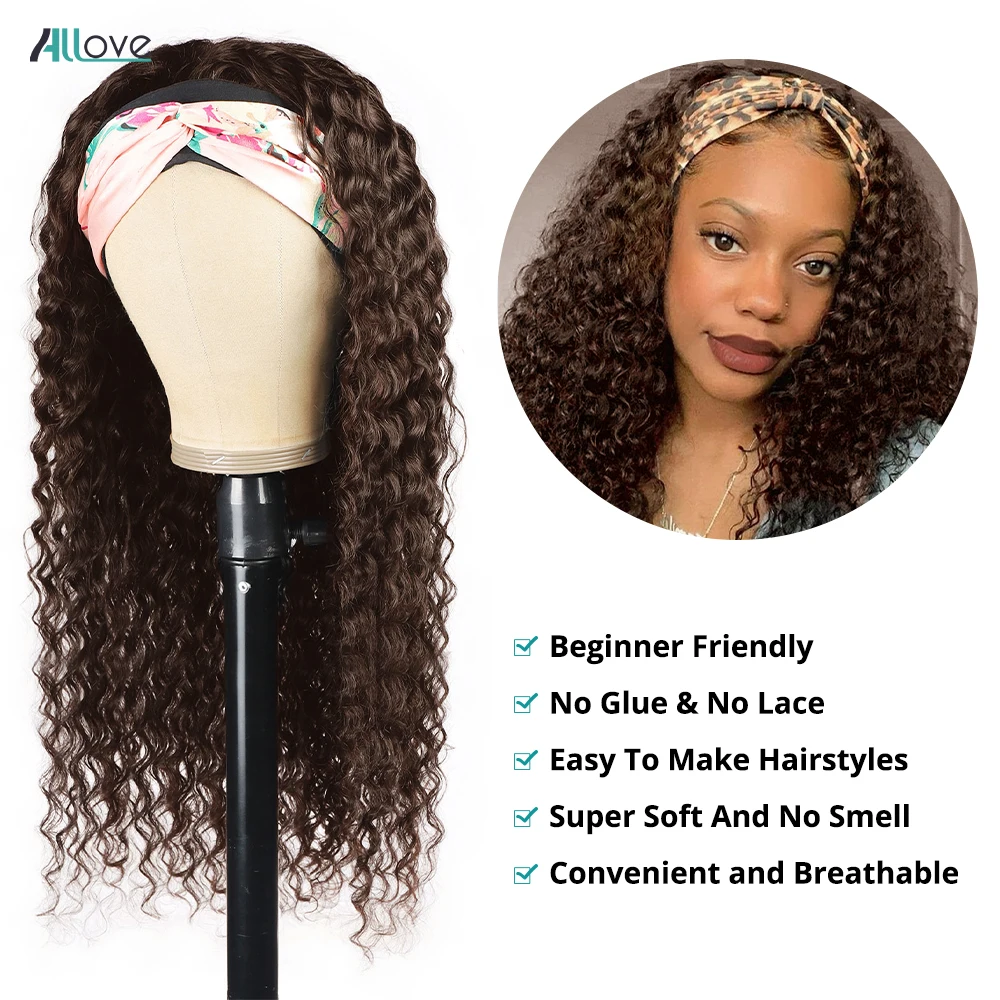 Allove #4 Brown Headband Wig Full Machine Made Wigs Deep Wave Brazilian Remy 100% Human Hair Scarf Wig For Women Deep Curly image 2