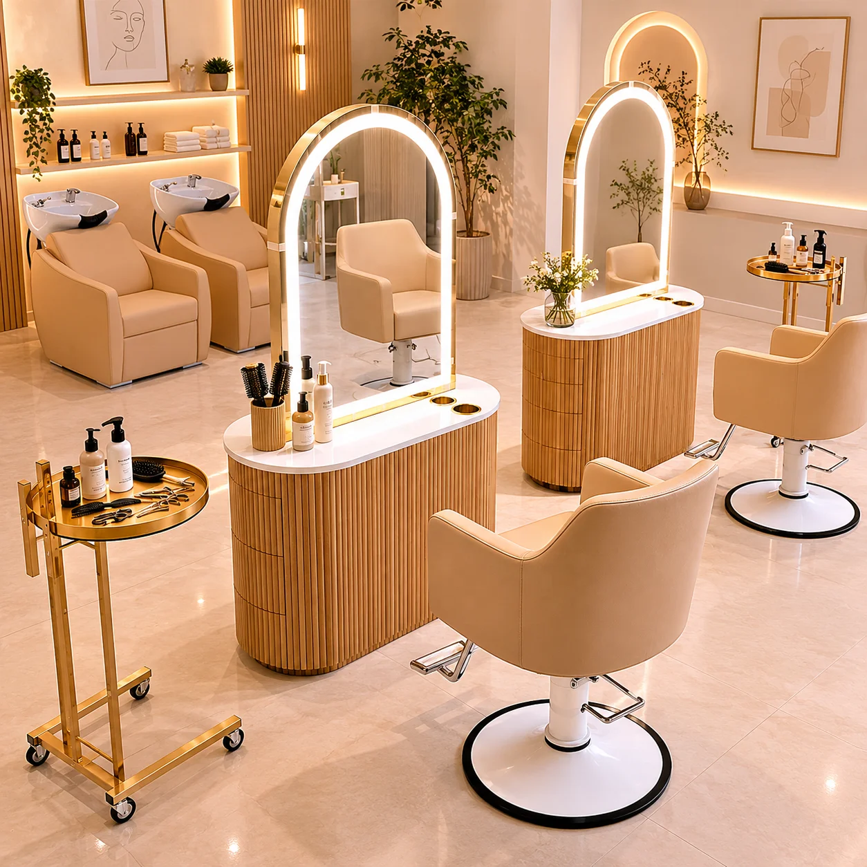 Arched LED beauty salon mirror table, solid wood groove hair salon mirror, double-sided LED beauty salon mirror