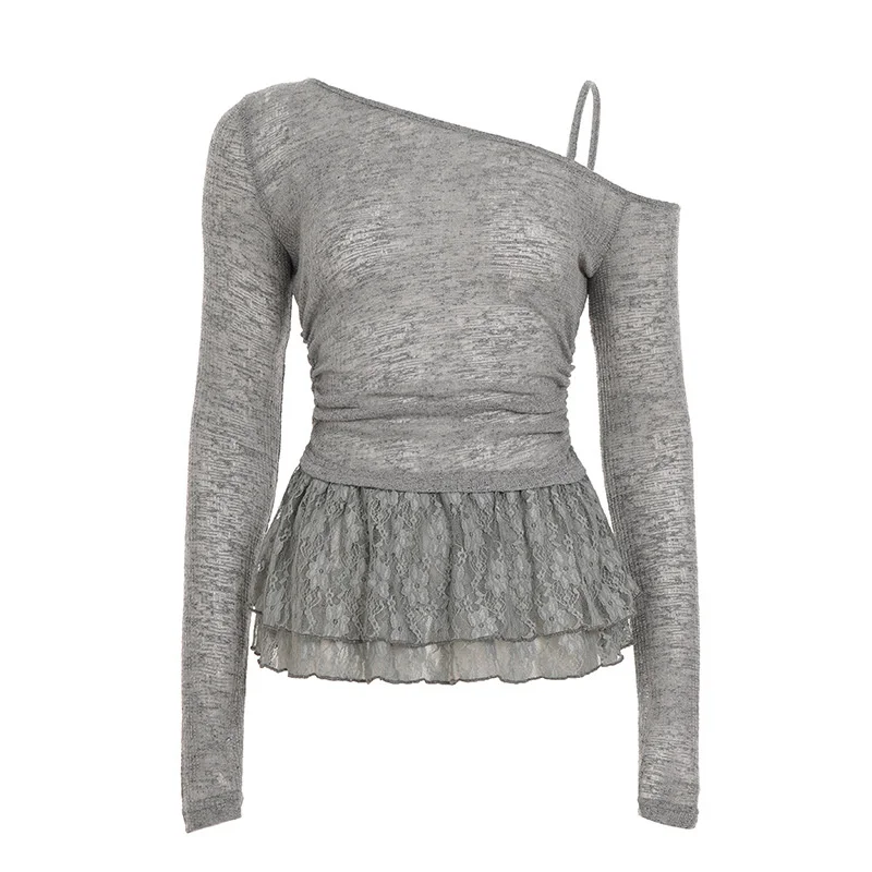 

Тонкая кружевная футболка на одно плечо с рюшами, женские сексуальные футболки с длинным рукавом, женский однотонный короткий топ, осенняя уличная одежда