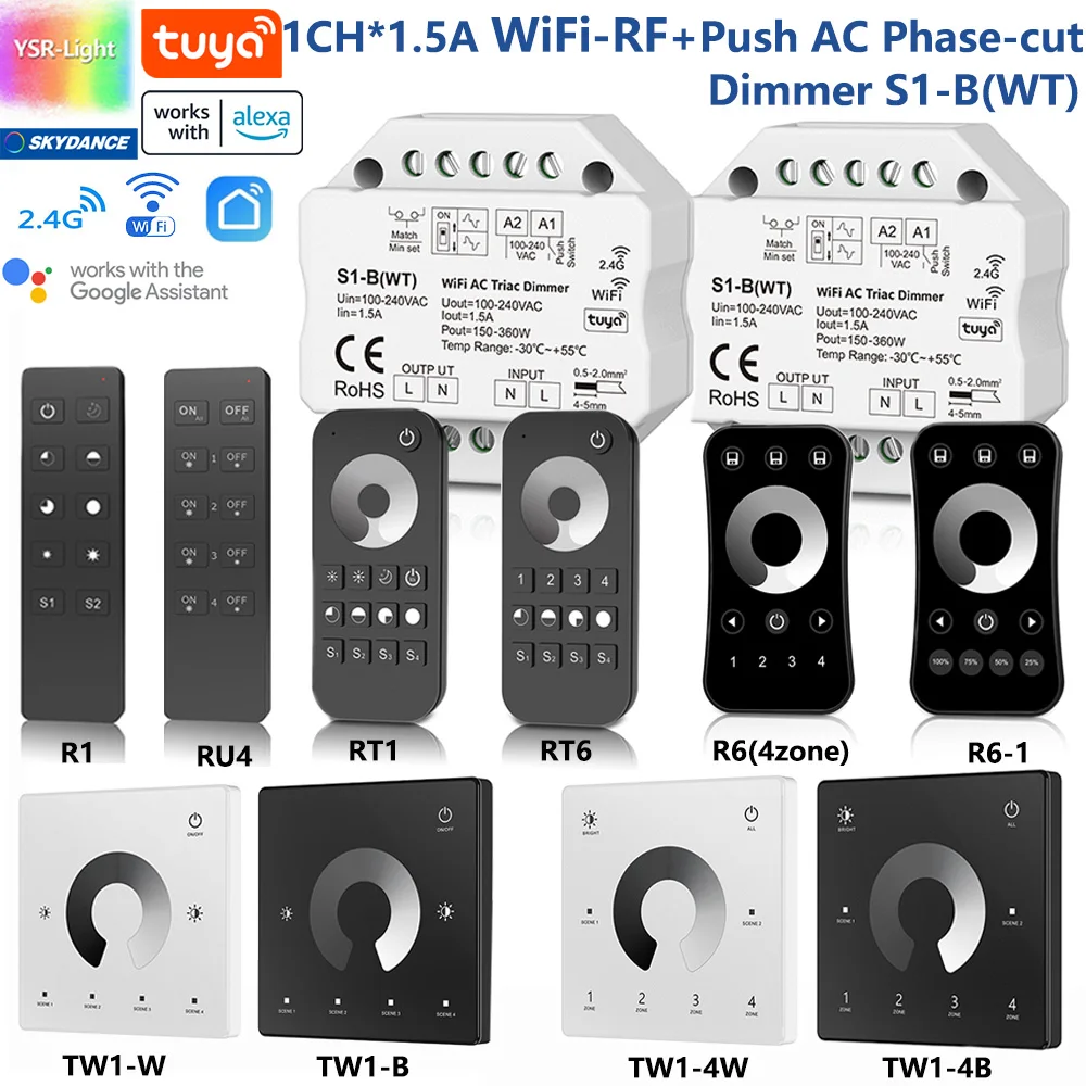 

Tuya WIFI S1-B (WT) AC110V-220V Triac LED Wireless RF Dimmer Panel Switch 2.4G Wireless Dimming Remote Controller for Alexa Echo