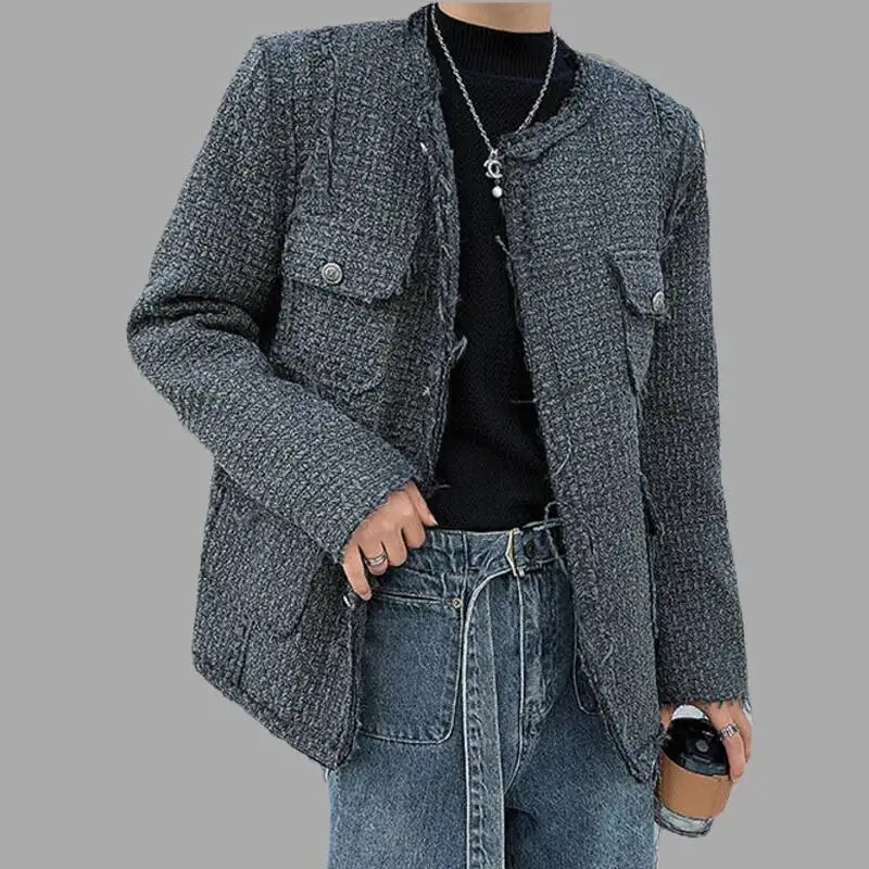 

Men Jackets Tweed Solid Color Round Neck Long Sleeve Streetwear Button Casual Men Suit Coats Winter Fur Edge Thick Outerwear