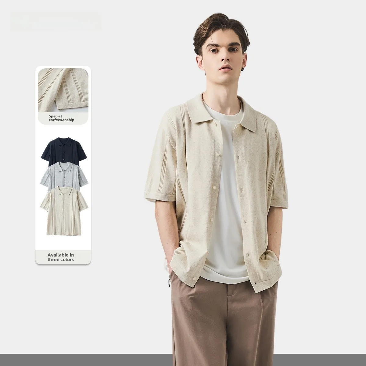 

Мужской вязаный льняной кардиган с коротким рукавом, ажурный, свободного кроя, летний, повседневный, с эластичной талией, из смесового волокна