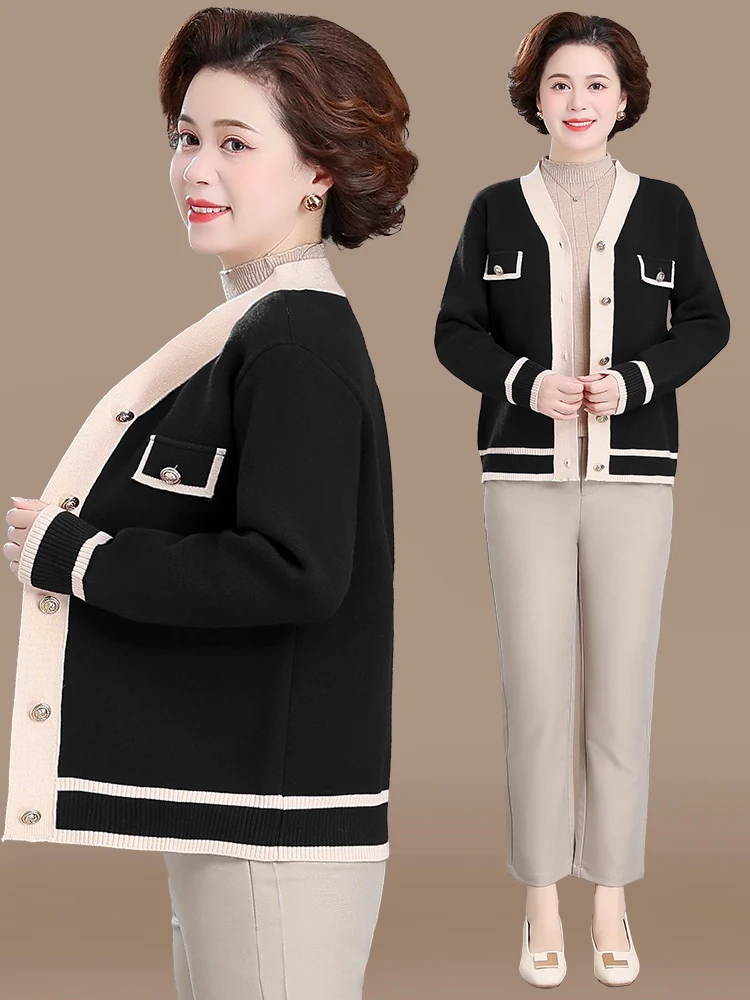 

Тонкий вязаный кардиган для женщин среднего возраста, свободный крой, V-образный вырез, модная осенняя одежда