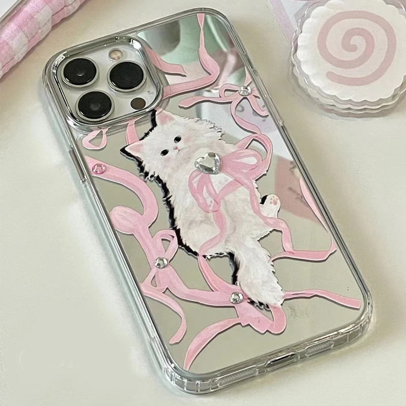 INS Korean Cute Cat Makeup Mirror Phone Case For iPhone 16 15 14 Pro Max 13 12 11 Cartoon Girl Diamond Shell Soft Back Cover