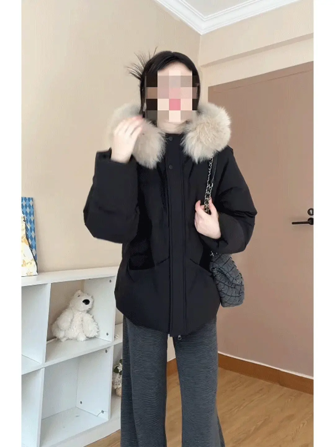 

Korean Sle Thiened Hooded Cotton Jaet Women's Bla Warm Coat with Fur Collar Standized Version Faionable Commute
