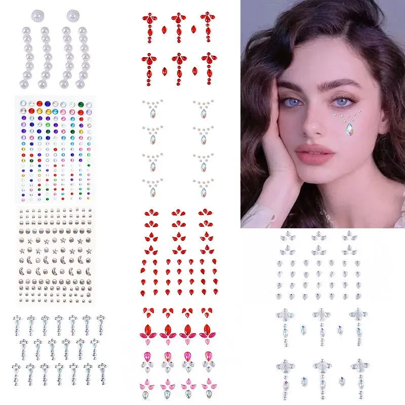 Strass pérola rosto jóias diamante olhos maquiagem delineador glitter rosto jóias adesivos tatuagem temporária festa corpo maquiagem ferramentas