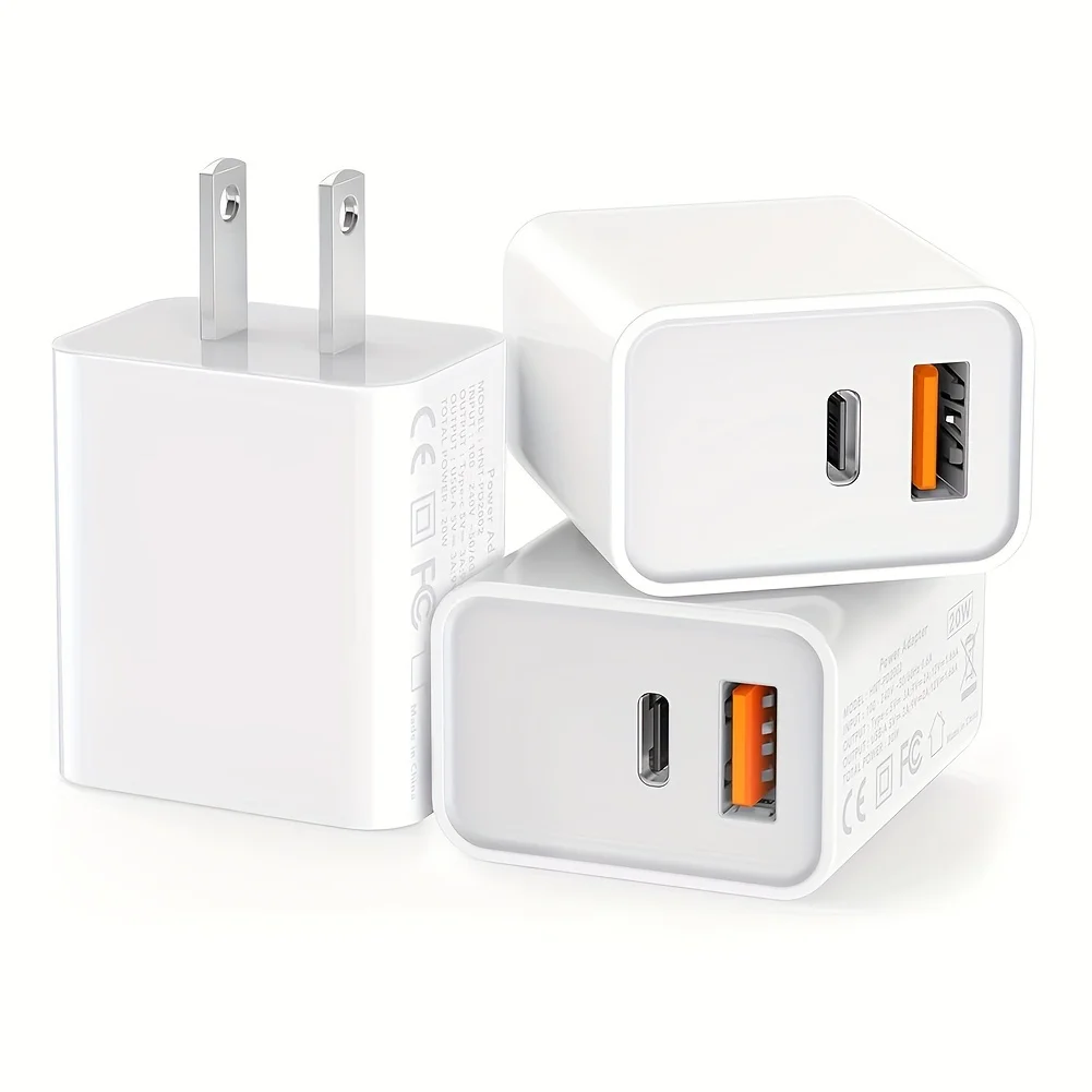 [3 packs] USB-C wall charger, 20W durable dual port QC+PD 3.0 power adapter, suitable for iPhone 15/15 Pro/14/13/12