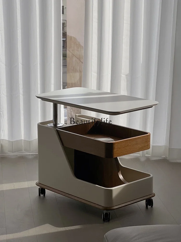 

Solid wood movable coffee table simple small apartment modern light luxury lifting household cart side table