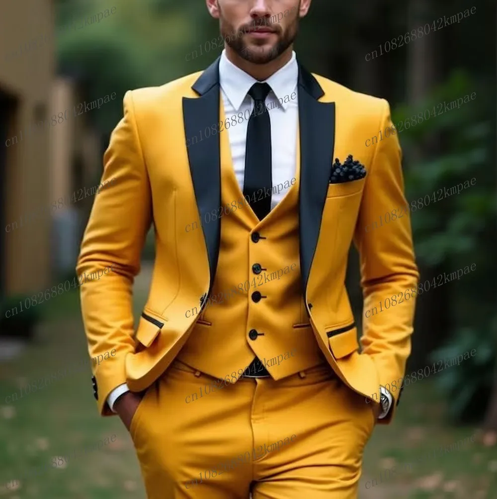 

Yellow And Black Collar Business Formal Men Suit Groom Groomsman Wedding Party Prom Male Tuxedos 3 Piece Set Blazer Vest Pants