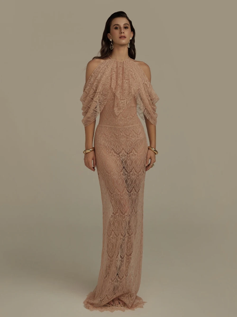 Modphy Solid Lace Slimming Dresses For Women O Neck Draped shawl sleeves High Waist Temperament Dress Female Fashion Style New