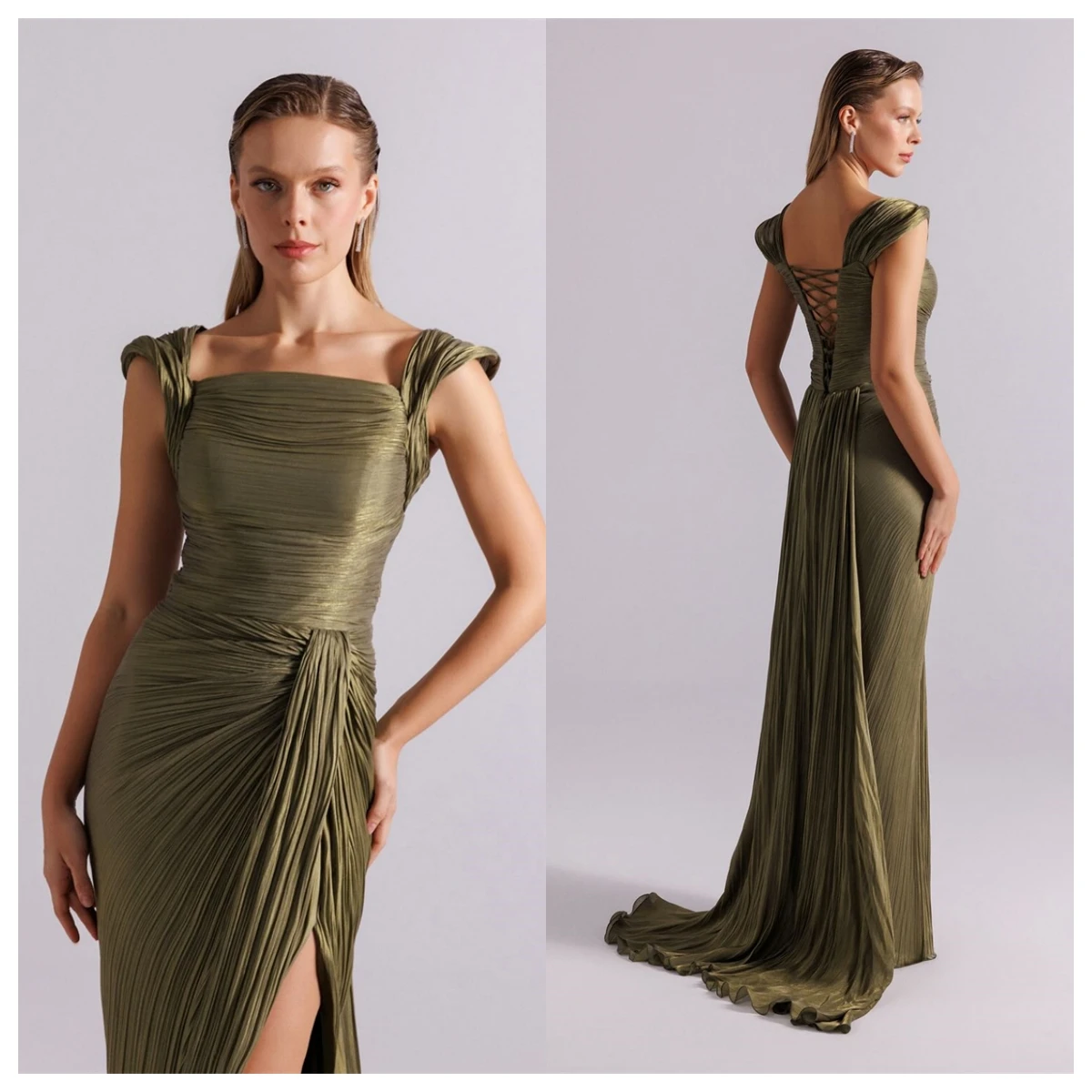 

Customized High Quality Green Satin Evening Dress Square Collar Cap Sleeve Sleeveless Bespoke Occasion Gowns Homecoming Dress