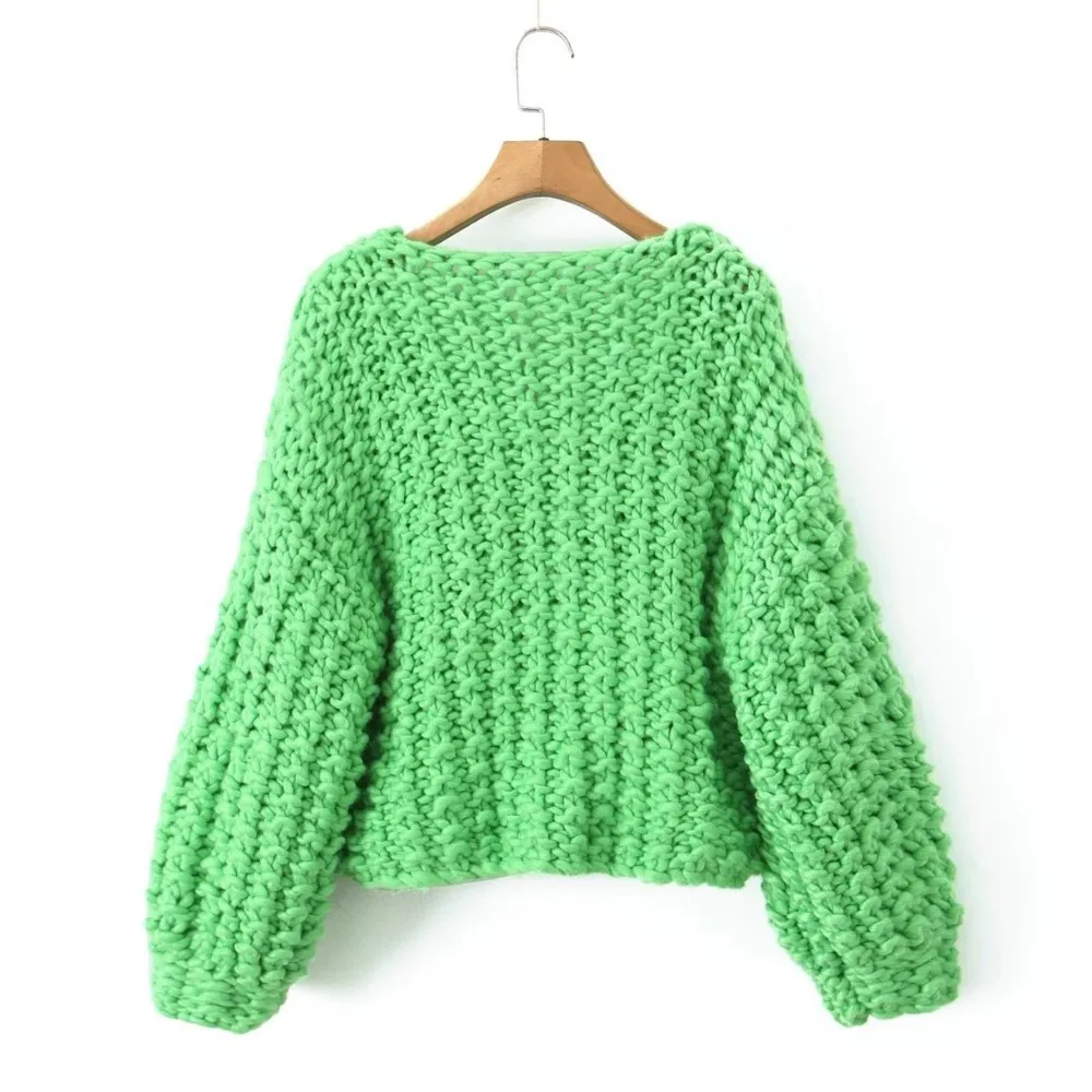 Sweet Beige 3D Bow Hand Made Crochet Cardigan Retro Woman V neck Lantern sleeve Knitting Sweater Loose Knitwear Jumper Green