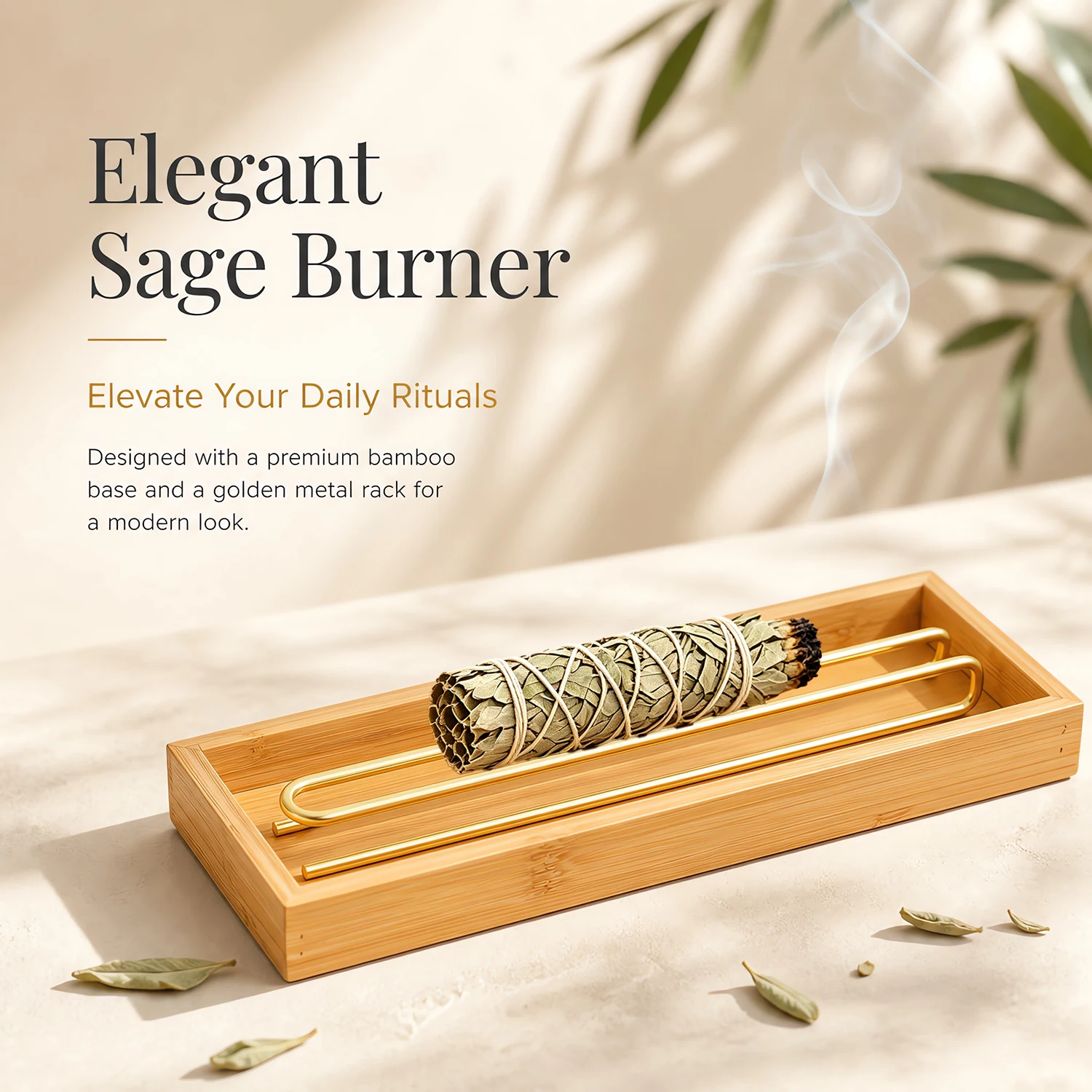 Metal Sage Holder Golden Sage Smudge Holder Burner with Bamboo Ash Catcher Tray Incense Burner for Meditation Yoga Spa