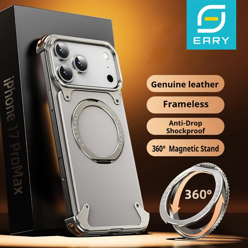 

Eary для iPhone 17 Pro Max Air Чехол для телефона из натуральной кожи Magsafe безрамный корпус с 360° ° Поворотная магнитная подставка с защитой от падения