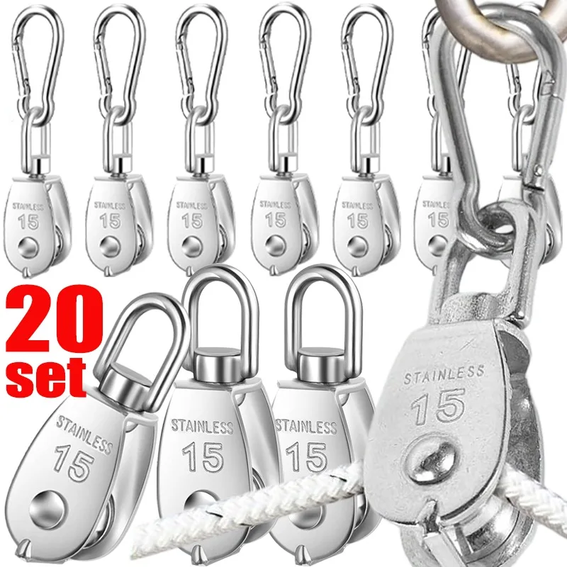 Stainless Steel Single Pulley Block with Spring Snap Hooks 360° Wire Rope Hanging Wire Towing M15 M20 Wheel Lifting Crane Pulley