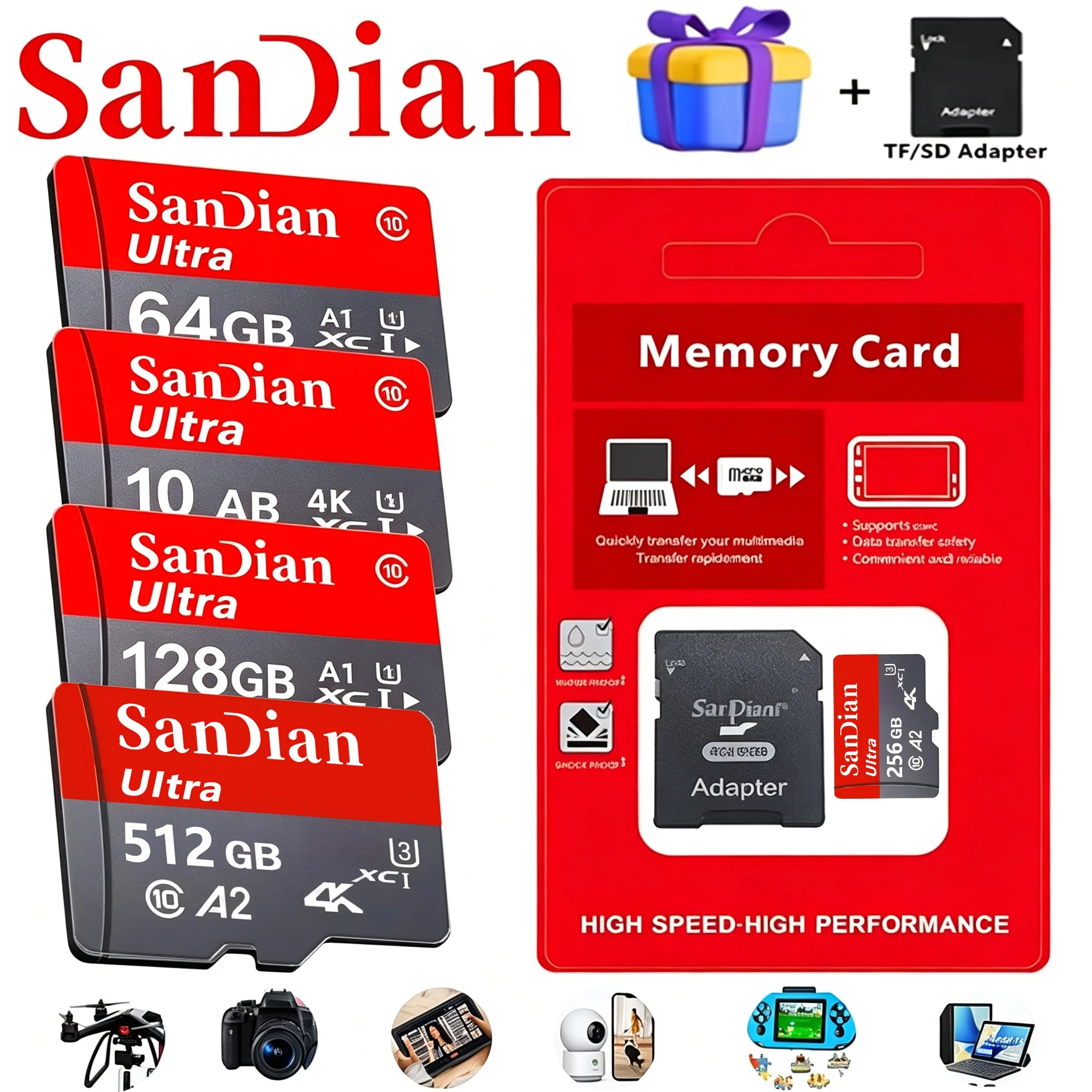 Micro TF SD Card SD Cards TF Cards Memory Card 64GB 256GB 512GB Class 10 U1 UHS-I X-Ray Proof for Smartphone PC Mobile Drone