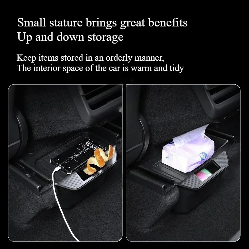 

For Tesla Model Y Juniper 2025 Rear Center Console Storage Box TPE Organizer Box with Cover Trash Can Under Seat Car Accessories